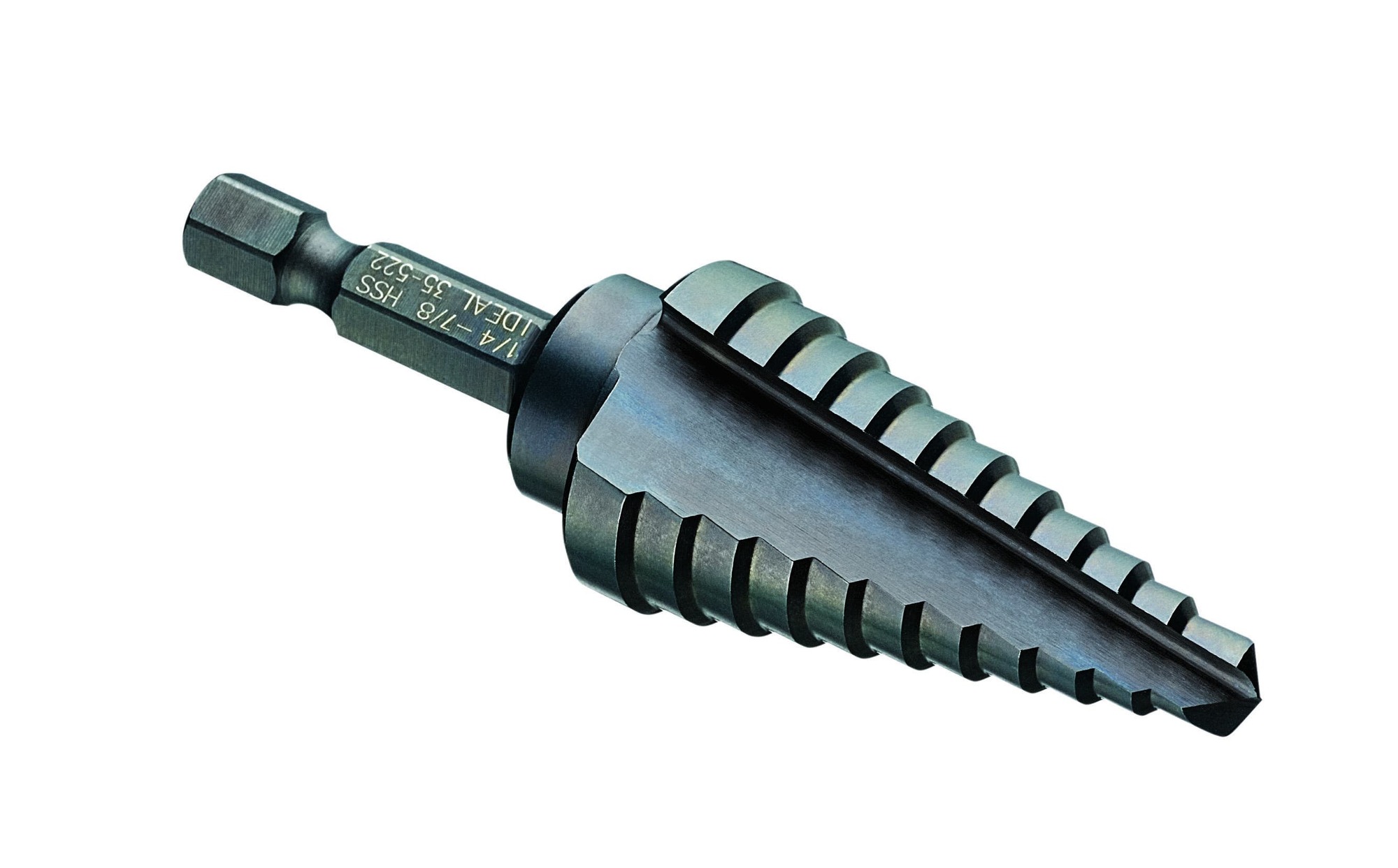 Quick Change Step Drill Bit, Number Of Drill Stages: 11, Minimum Drill Diameter: 1/4 IN, Maximum Drill Diameter: 7/8 IN, Step Increments: 1/16 IN, Step Thickness: 1/16 IN, 1/4 IN Shank, High Speed Tool Steel