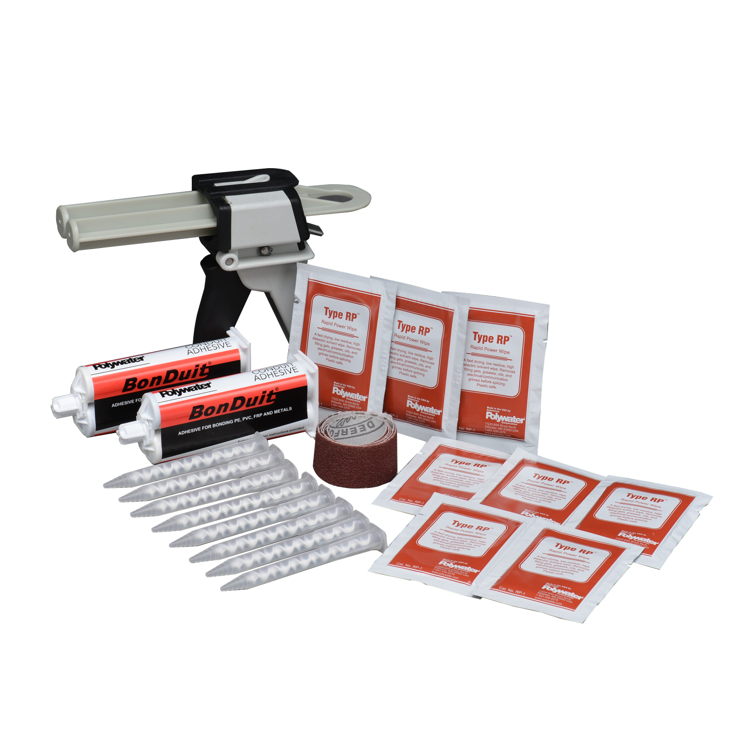 3 - adhesive cartridges; 8 - mixing nozzles; 1 - strip, 1 - dispensing toolof sanding cloth; 8 - Type RP�  cleaning wipes (cat #RP-1). Creates Strong, Long-Lasting BondsBonDuit� Conduit Adhesive creates a watertight and airtight conduit connection within an hour after application.  The strong bond withstands movement and vibration, ideal for installation along roadsides or near electrical equipment such as transformers or switchgear.