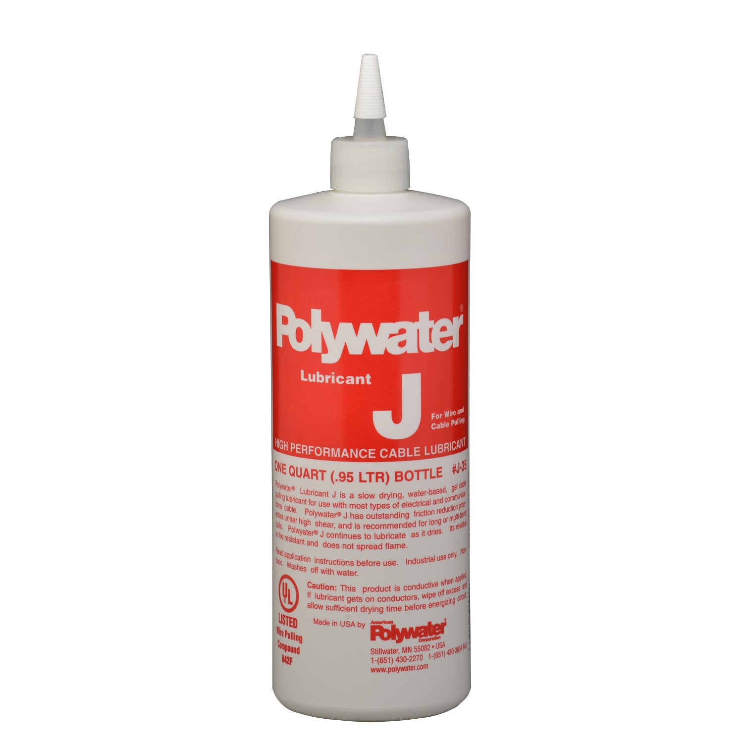 1-qt. bottle.  The Most Used and Specified Cable LubricantSpecification-grade Polywater Lubricant J is a high-performance, clean, slow-drying, water-based gel lubricant. Lubricant J provides maximum tension reduction in all types of cable pulling. It is recommended for long pulls, multiple-bend pulls, and pulls in a hot environment.