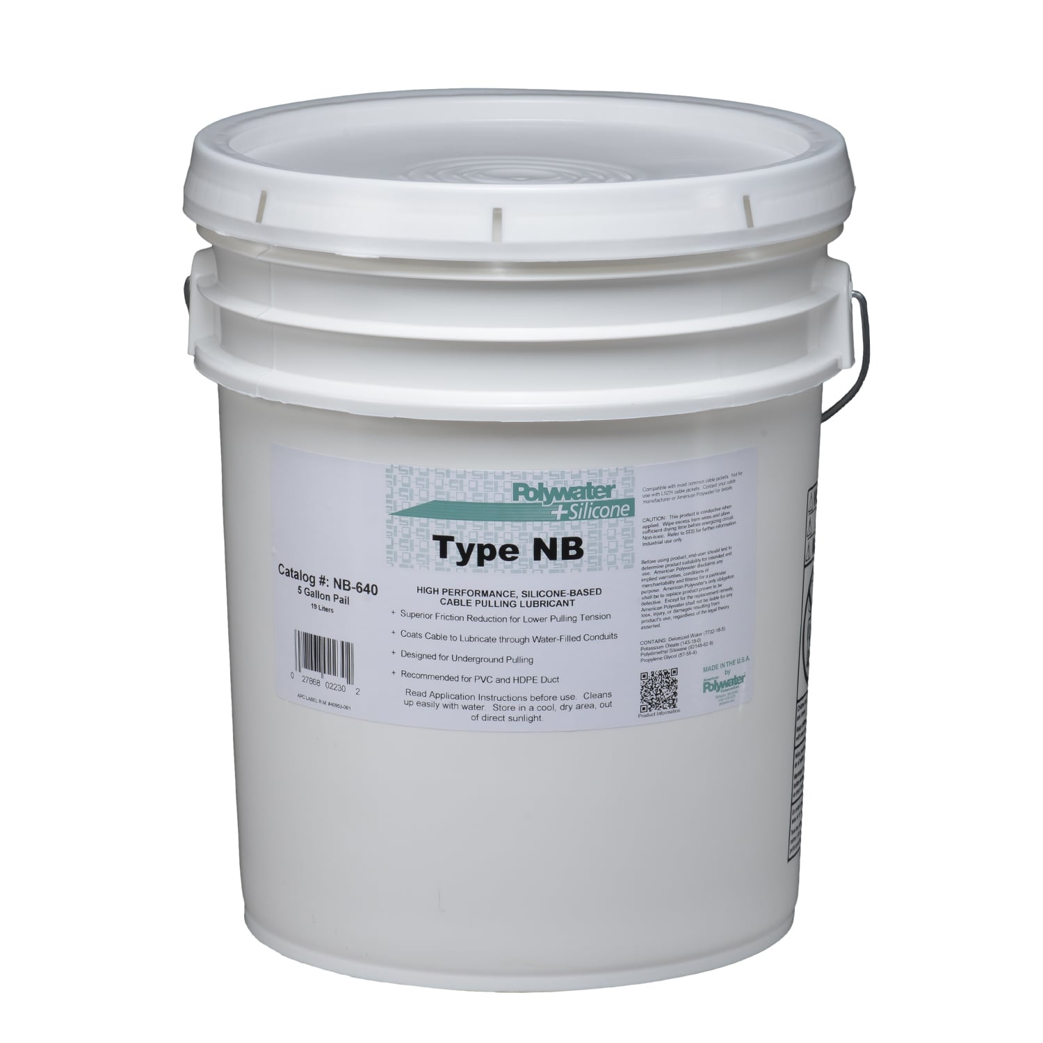 5-gal. pail The Longest Cable Pulls Made SimplePolywater  + SiliconeType NB is a specification-grade cable pulling lubricant that demonstrate superior performance, particularly friction reduction in HDPE conduits and conduits containing water. These lubricants provide continuous lubrication on long pulls. Type NB has small plastic rollers in the lubricant.