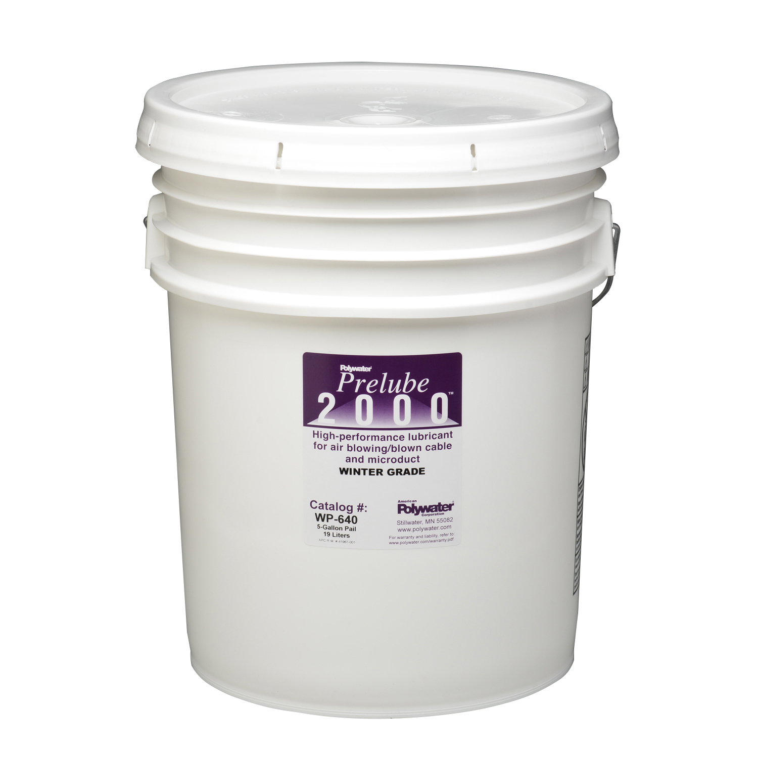 Winter Grade Version.  5-gal. pail Lubricant Increases DistanceWhen Blowing Fiber Optic Cable Polywater Prelube 2000 reduces frictional drag during the blowing of outside plant fiber optic cable into duct.  It increases the distance cable can be installed in a continuous length.  Prelube 2000 can also be used to blow in empty microducts for future microcable installation.