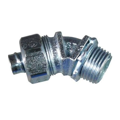 Liquid Tight Oiltight Raintight Conduit Connector With Plain Throat, 1 in Trade, 45 deg, Malleable Iron, Triple Coated