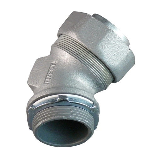 45 deg Liquidtight Connector with Plain Throat, 2-1/2 inch, Malleable Iron, Zinc Electroplated