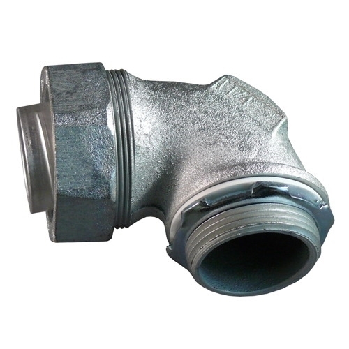 Liquid Tight Oiltight Raintight Conduit Connector With Plain Throat, 2 in Trade, 90 deg, Malleable Iron, Triple Coated