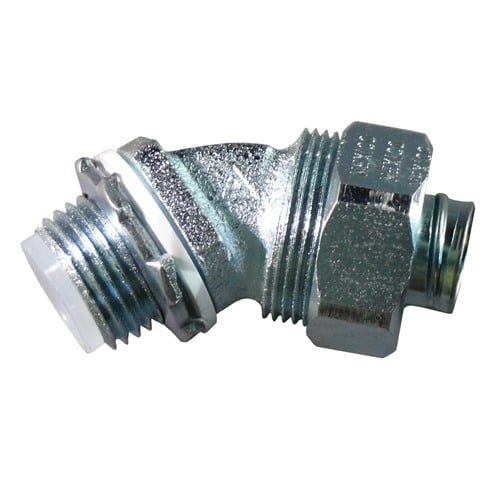45 deg Liquidtight Connector with Insulated Throat, 3/8 inch, Malleable Iron, Zinc Electroplated