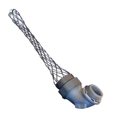 Insulated Throat 90 Degree Liquidtight Connector With Wire Mesh Strain Relief; 2 Inch, Malleable Iron, Aluminum Ferrule, Stainless Steel Wire Mesh, Zinc Electroplate, Chromate and Epoxy Powder Coat