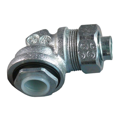 Flexible Metallic 90 deg Liquidtight Connector, 1/2 inch, Malleable Iron, Zinc Electroplated