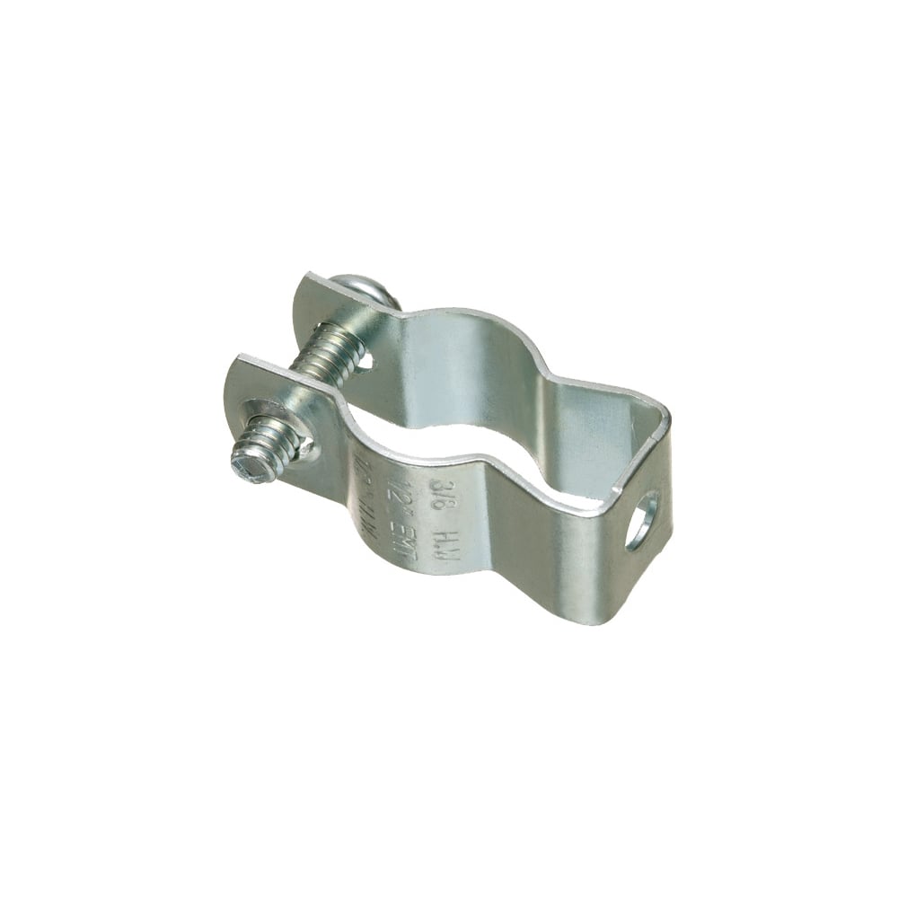 #0 Trade Size, Plated steel with formed thread in one end of hanger, nut not required. 1/4 bolt, pipe size RIGID 3/8", 1/2" EMT size 1/2".