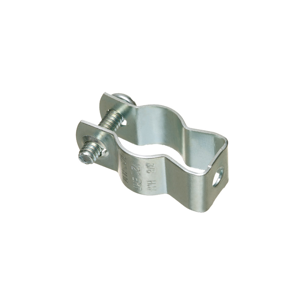 #5 Trade Size, Plated steel with formed thread in one end of hanger, nut not required. 1/4 bolt, pipe size RIGID 2" EMT size 2".