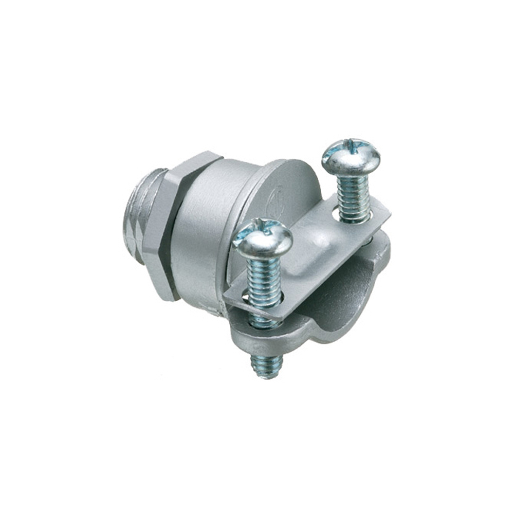 Twin Screw zinc die-cast all-purpose 1/4" knockout connector for Flex, AC, MCI, and NM cable secures into knockout with locknut. With a cable range of 0.410" to 0.605" and an end stop of .380".
