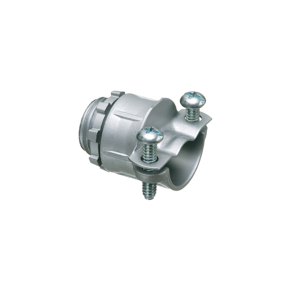 Twin Screw zinc die-cast all-purpose " knockout connector for Flex, AC, MCI, and NM cable secures into knockout with a locknut. Has a cable range of 1.000" to 1.370" and an end stop of 0.985".