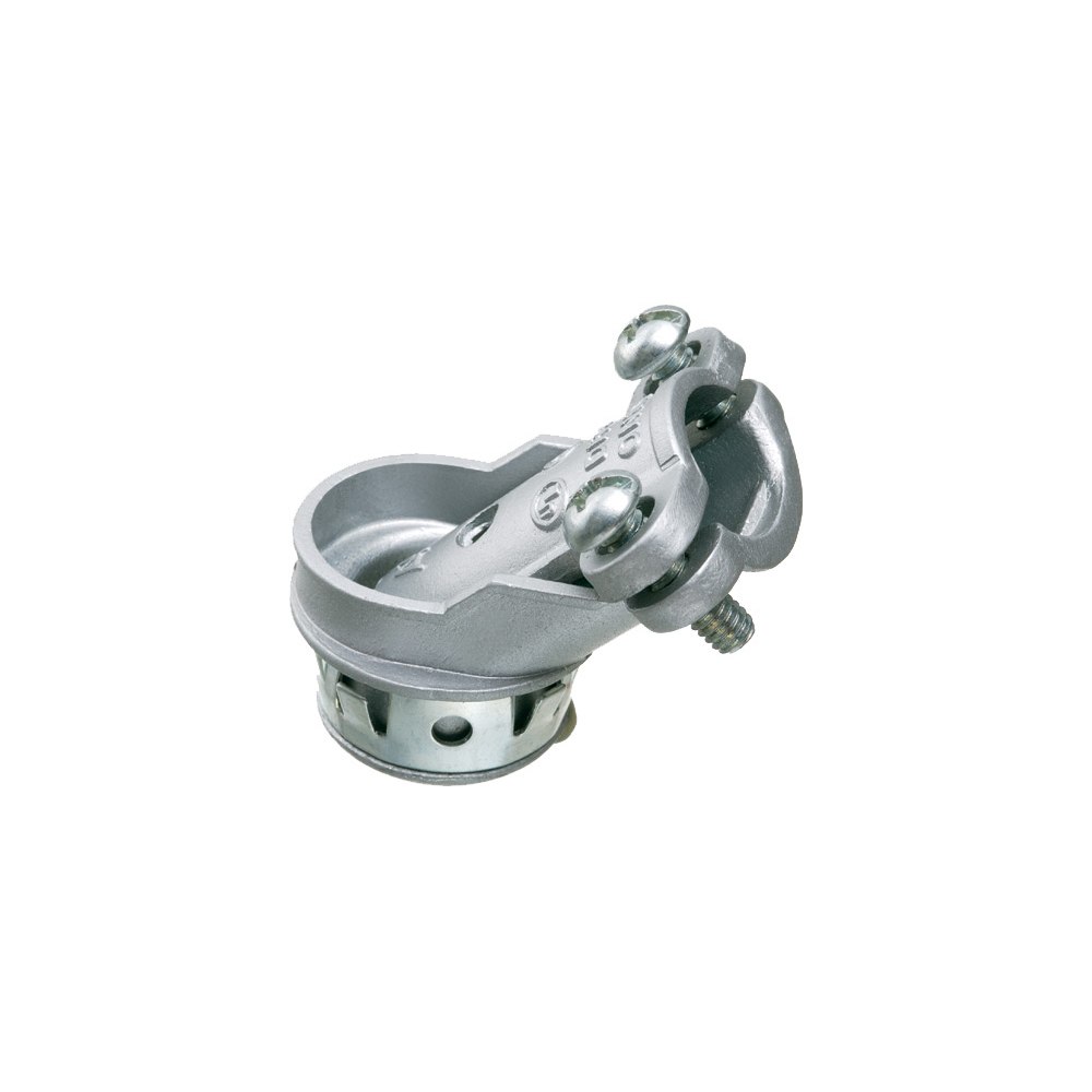 Zinc die-cast, 1/2 Knockout, 45 degree angle cable connector for aluminum and steel cable. Concrete tight when taped. Snaps into knockout with spring steel clip.