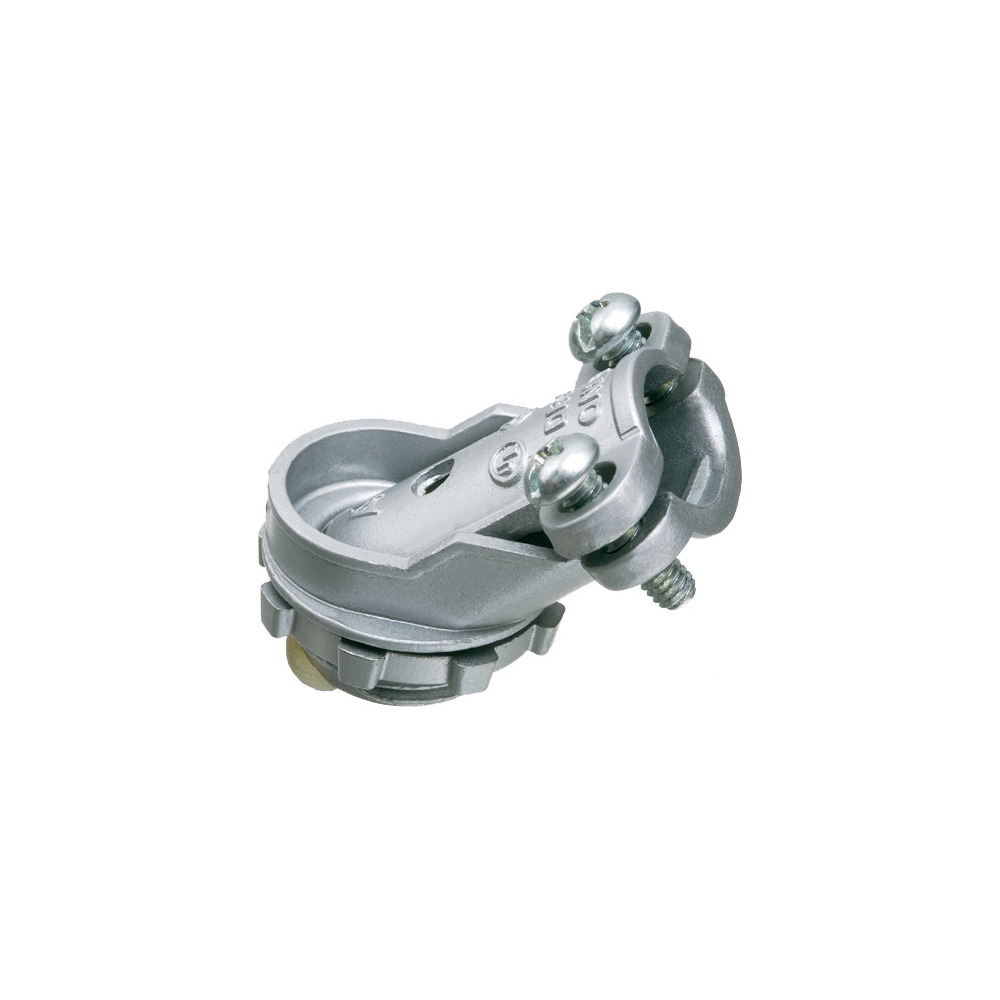 Zinc die-cast, 1/2 Knockout, 45 degree angle cable connector for aluminum and steel cable. Concrete tight when taped. Secures into knockout with zinc diecast locknut. For Larger Cable.