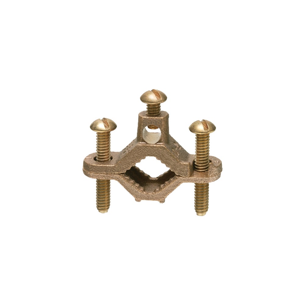 Solid Bronze with bronze screws, bare wire ground clamp. Pipe Size - 1/2" to 1", Wire Range - #10 to #2. Approved for direct burial.