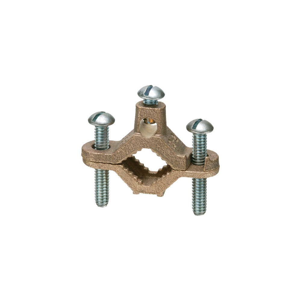 Solid Brass with galvanized steel screws, bare wire ground clamp. Pipe size - 1-1/4" to 2", Wire Range - #10 to #2