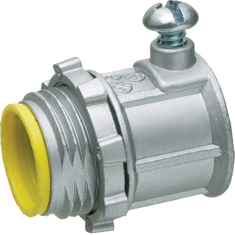 1/2" emt set screw connector zinc die cast concrete tight when taped. for use with steel or aluminum emt. Insulated throat.