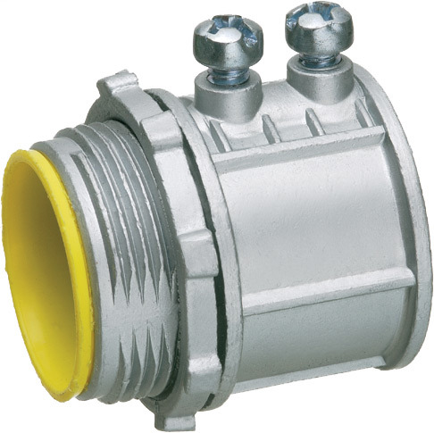 2" emt set screw connector zinc die cast concrete tight when taped. for use with steel or aluminum emt. Insulated Throat.