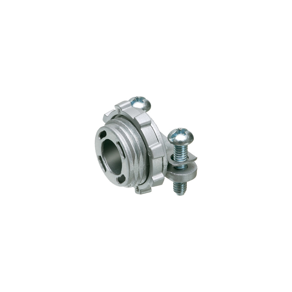 Zinc die-cast, 1/2" knockout cable connector with round end stop. End stop diameter: .400. Also accommodates MCI-A cable ranges. Secures into knockout with a locknut.