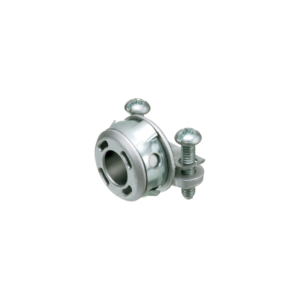 Zinc die-cast, 1/2" knockout 2-screw cable connector for steel and aluminum jacketed cables. Snaps into knockout with spring steel clip. Concrete tight when taped. Round End Stop.