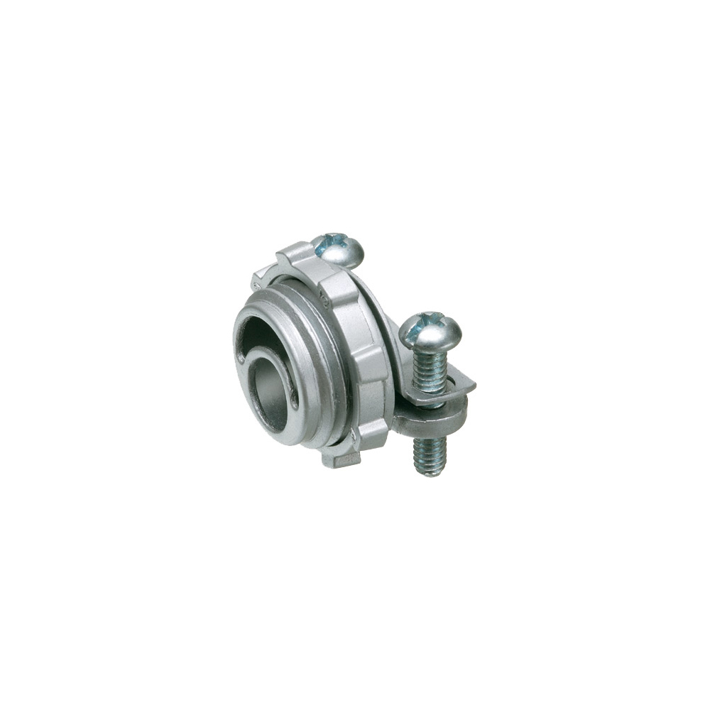 Zinc die-cast, 2" knockout cable connector with round end stop. End stop diameter: 1.750. Secures to knockout with a locknut.