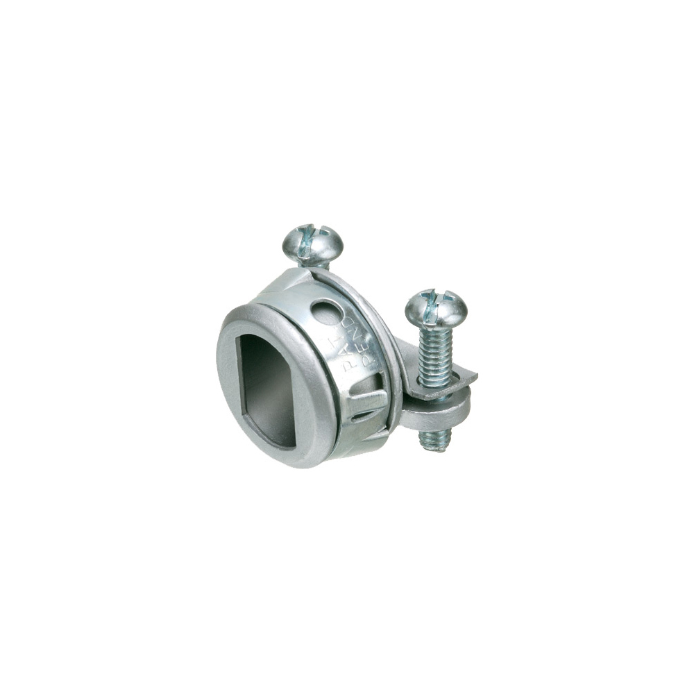 Zinc die-cast, 1/2" knockout 2-screw cable connector for steel and aluminum jacketed cables. Snaps into knockout with spring steel clip. Concrete tight when taped.