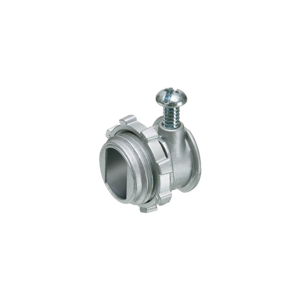 Zinc die-cast, 1/2" knockout set-screw connector for steel only. Round End stop. Concrete tight when taped.