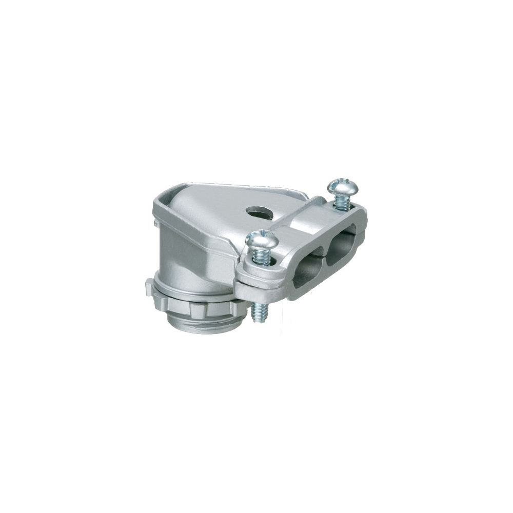 90 degree zinc die-cast duplex connector with a twin screw strap. Secures into 1/2" knockout with a locknut.