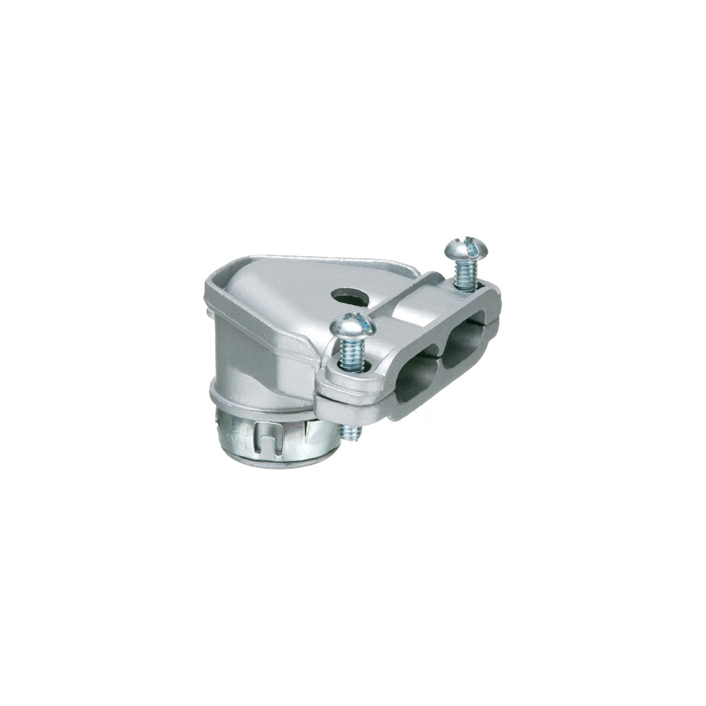 90 degree zinc die-cast duplex connector with a twin screw strap. Snaps into 1/2" knockout with an external spring steel clip.