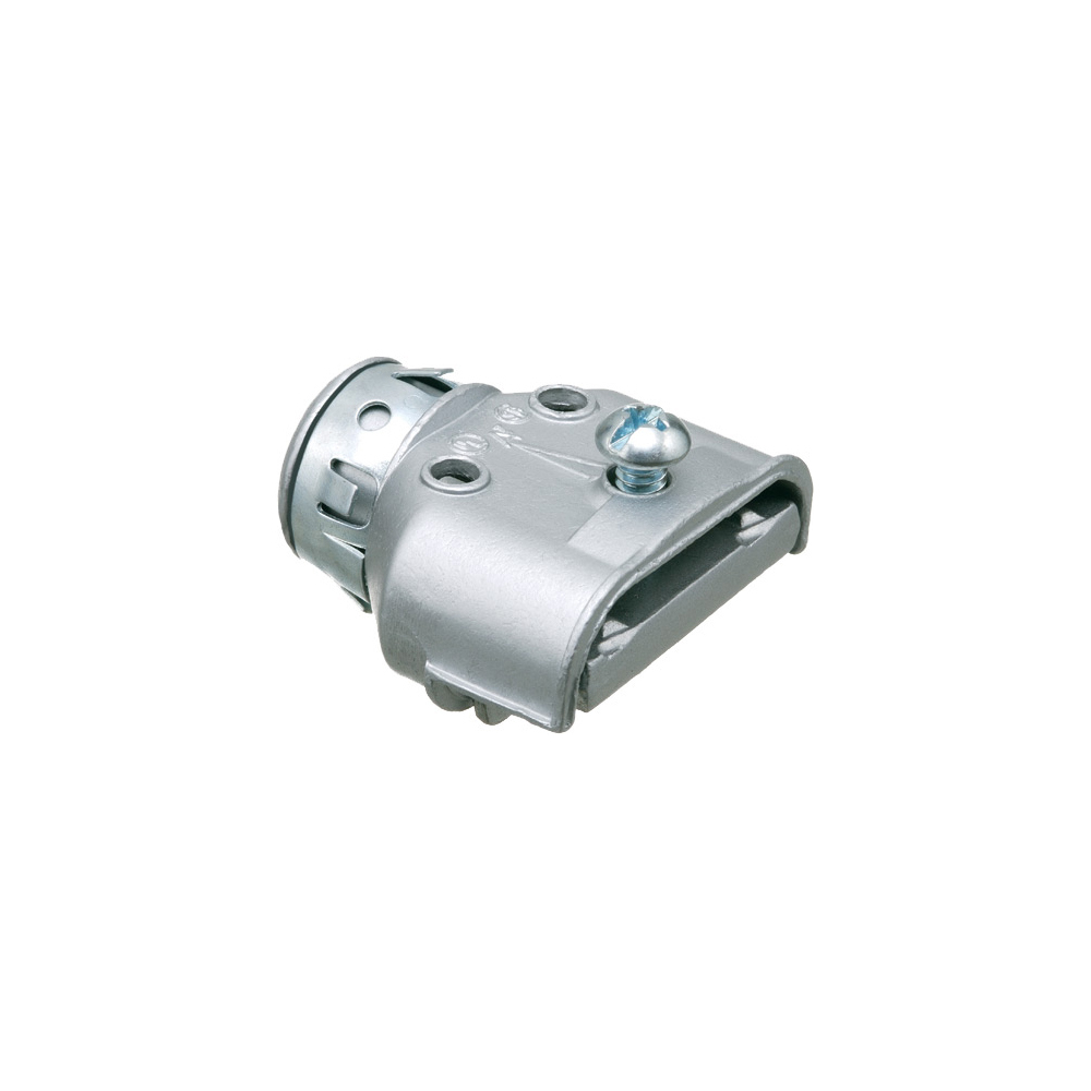 Zinc die-cast, single screw duplex connector snaps into 1/2" knockout with an external spring steel clip. Provided with insulated throat. Concrete tight when taped.
