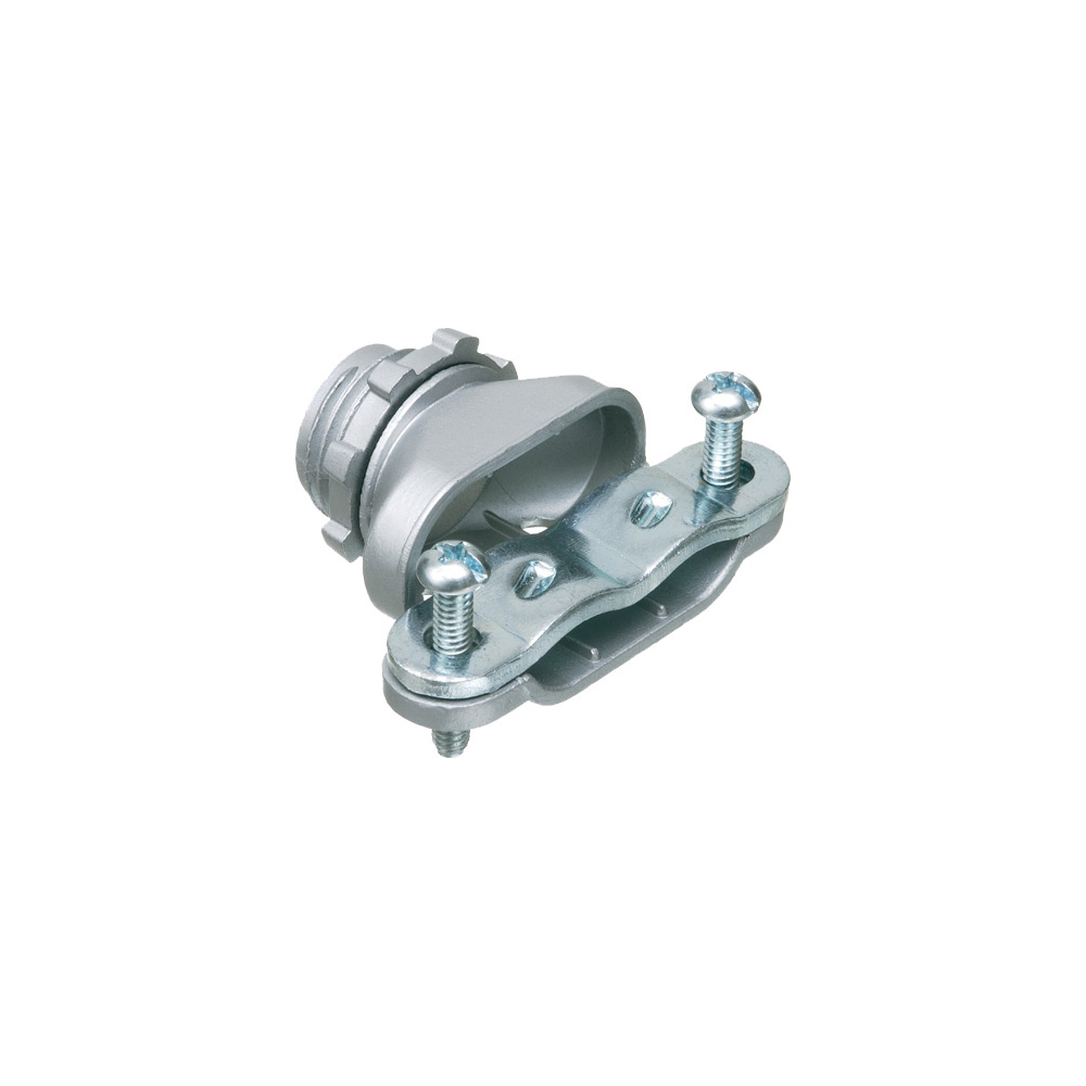 Zinc die-cast, single screw duplex connector with steel strap and is secured into a 1/2" knockout by a locknut. Concrete tight when taped.