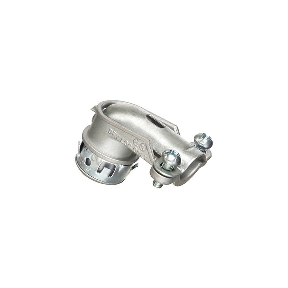 Zinc die-cast, 90 degree angle cable connector for aluminum and steel cable. Concrete tight when taped. Snaps into Knockout with spring steel clip. 2 screw clamp type. Also for MCI-A cable.