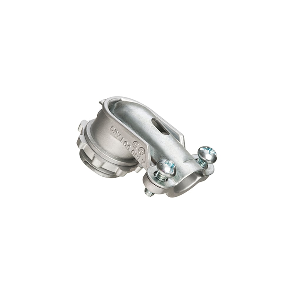 Zinc die-cast, 90 degree 2 screw flex connector for aluminum and steel Flex. Secures into a 1" Knockout with a diecast locknut. Accommodates cable range 1.330 to 1.57.