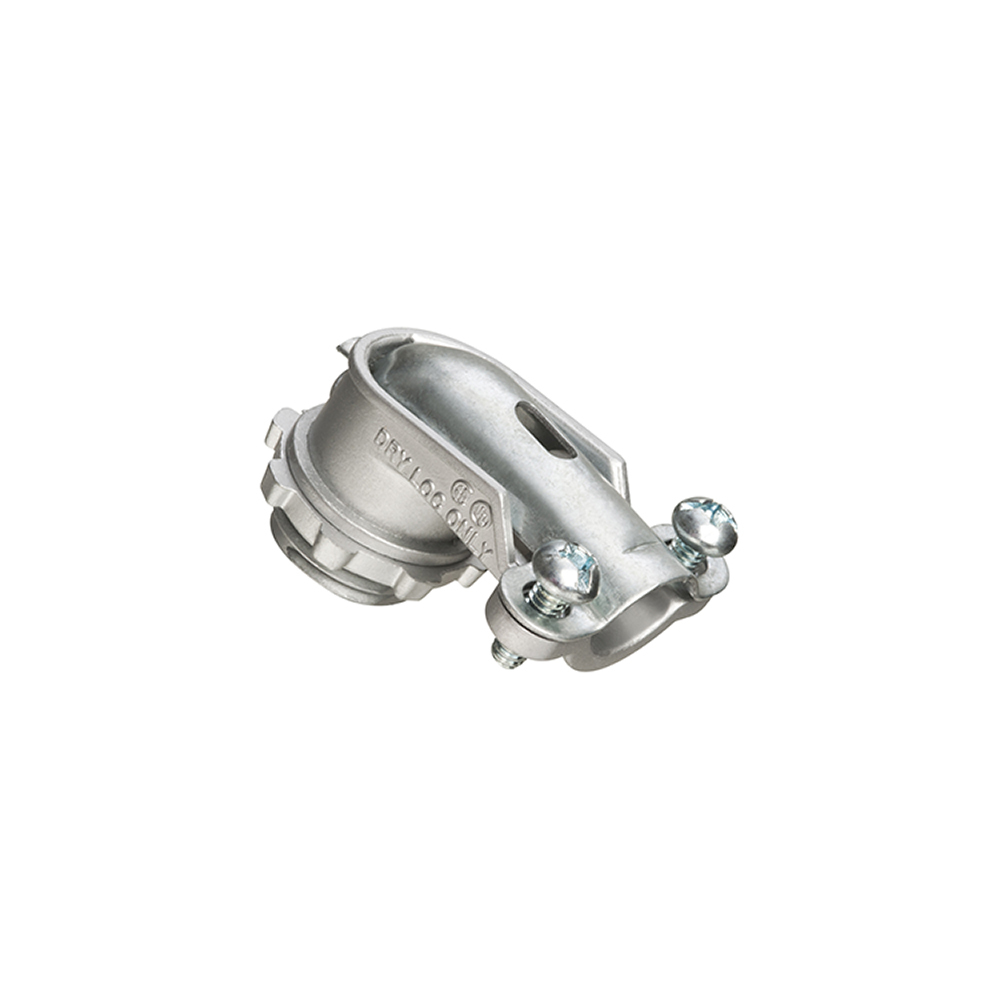 Zinc die-cast, 90 degree 2 screw flex connector for aluminum and steel Flex. Secures into a 1-1/4" Knockout with a diecast locknut. Accommodates cable range 1.625 to 1.940.