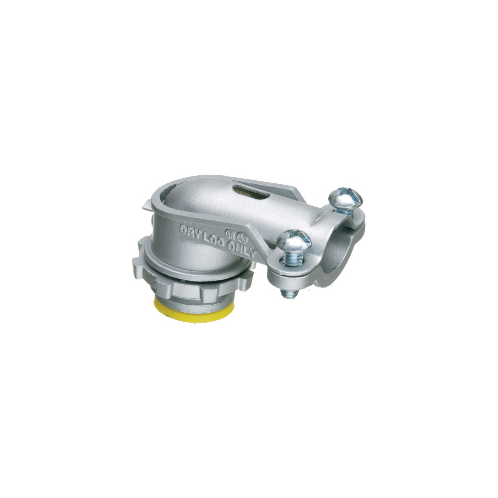 Zinc die-cast, 90 degree 2 screw flex connector for aluminum and steel Flex. Secures into a 2" Knockout with a diecast locknut. Accommodates cable range 1.4 to 2.4. Insulated Throat.