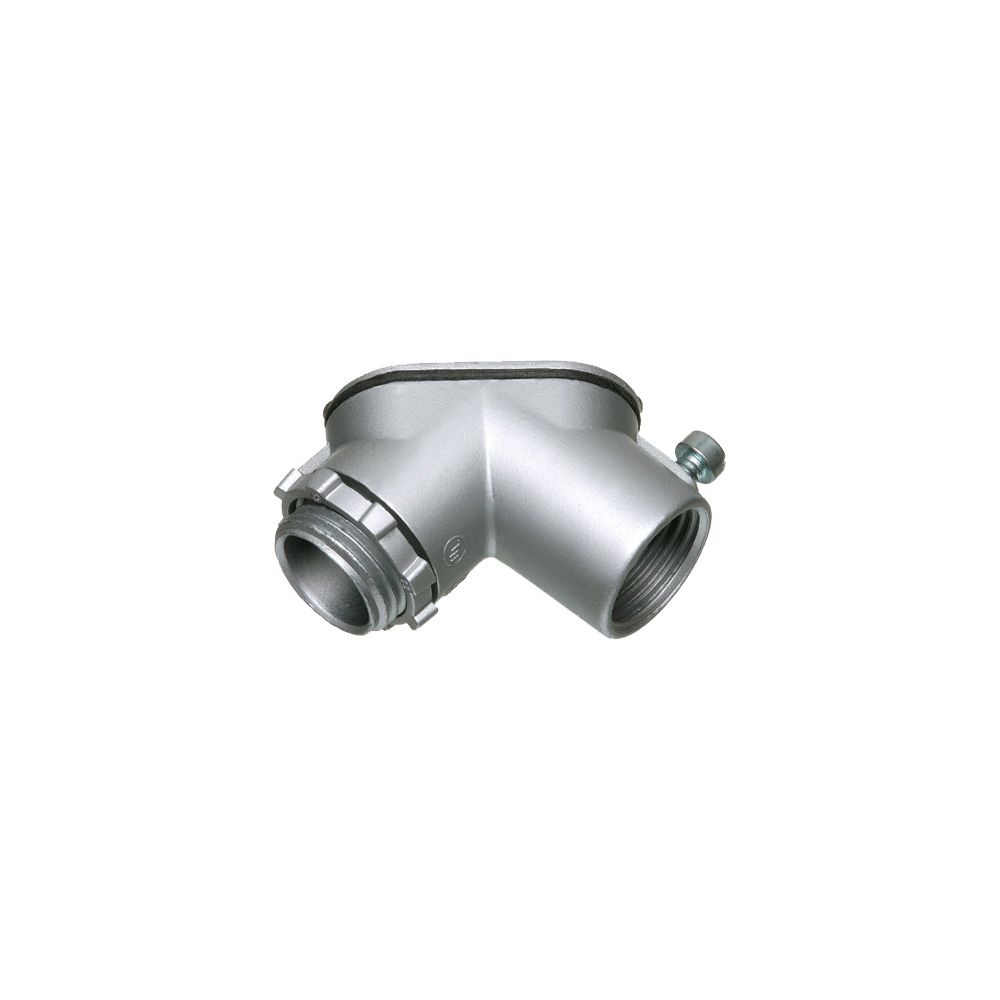 Combination threaded rigid and set screw EMT to box. 90 degree pulling elbow with cover and gasket. Zinc die-cast. Trade Size 1/2".