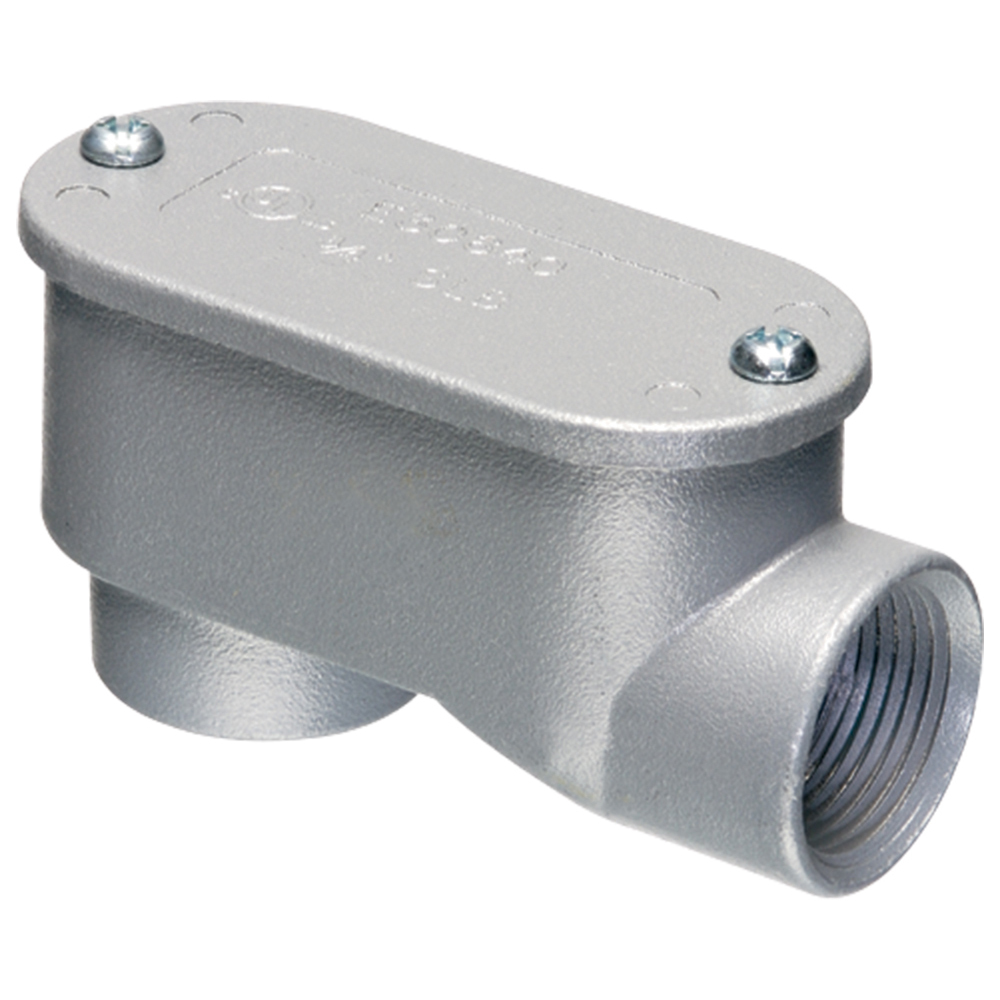 Service entrance short LB conduit bodies with aluminum cover and velumoid gasket. Copper free aluminum die-cast. Threaded for IMC or Rigid. Trade Size 1/2".