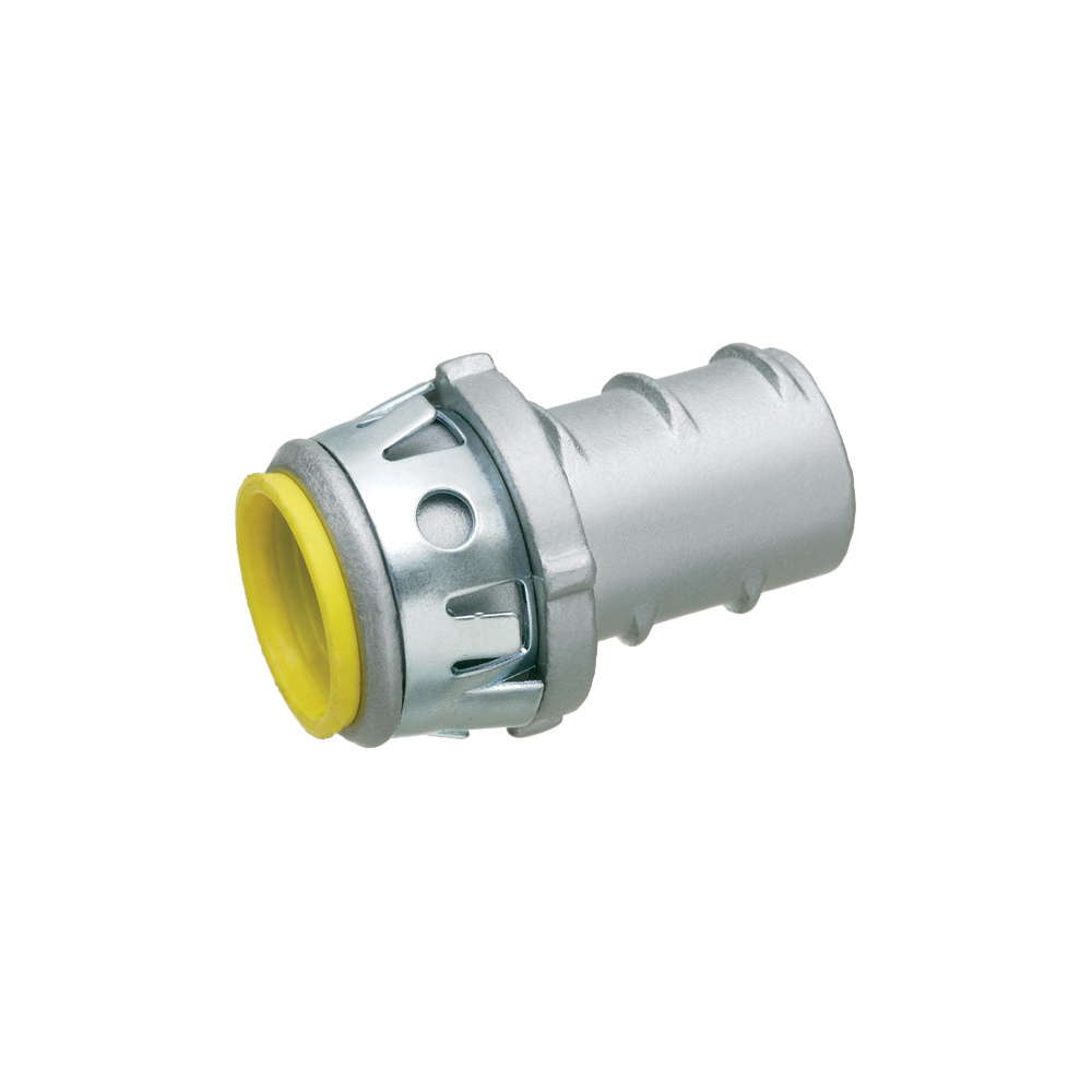 Zinc die-cast, 1/2 Knockout, Screw in connector for aluminum and steel cable. Screw in, snap tite with spring steel clip for flexible metal conduit. Up to 1/2" cable. Insulated throat.