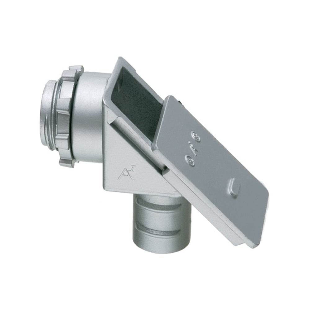90 degree connector for flexible metal conduit, screw in type with sliding cover. trade Size 1/2", Knockout Size 1/2". Zinc die-cast.
