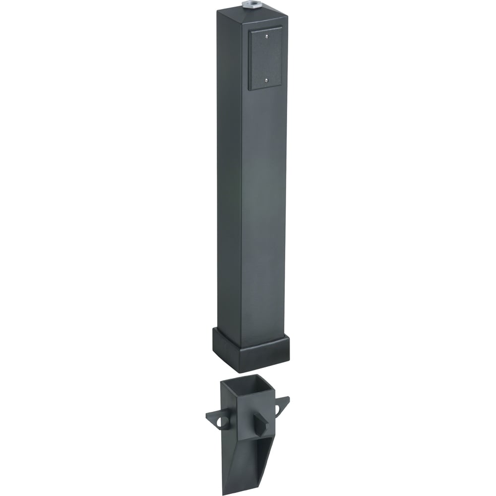 Gard-N-Post. 37" support for outdoor light fixtures or GFCI devices outdoors. Openings on both sides of post for back to back power or power on one side and low voltage on the other. Built in stabilizers for extra stability. Openings in stabilizers allow for insertion of extra support material. Angle Cut post for easy access to underground wiring. Two 1/2" Knockouts. Color Black. Color is permanent, no chipping. Optional Extender, GPX18 adds 18" increments for even more height up to 73".