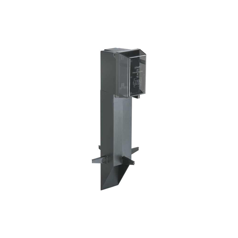 Gard-N-Post. 19.5" support for GFCI devices outdoors. Built in stabilizers for extra stability. Openings in stabilizers allow for insertion of extra support material. Angle Cut post for easy access to underground wiring. Two 1/2" Knockouts. Color Brown. Color is permanent, no chipping. Clear extra duty weatherproof in use cover installed.