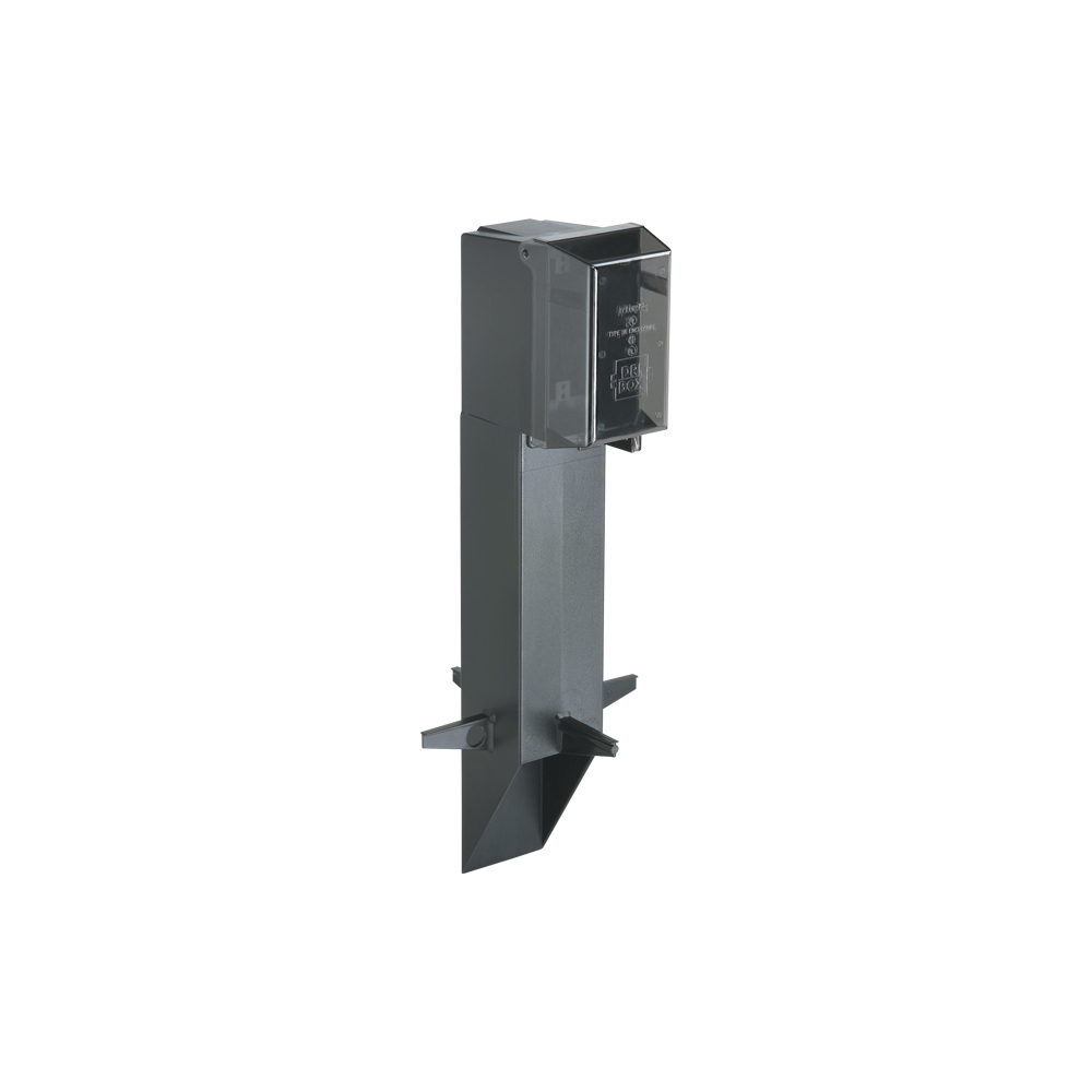 Gard-N-Post. 19.5" support for GFCI devices outdoors. Built in stabilizers for extra stability. Openings in stabilizers allow for insertion of extra support material. Angle Cut post for easy access to underground wiring. Two 1/2" Knockouts. Color White. Color is permanent, no chipping. Clear extra duty weatherproof in use cover installed.