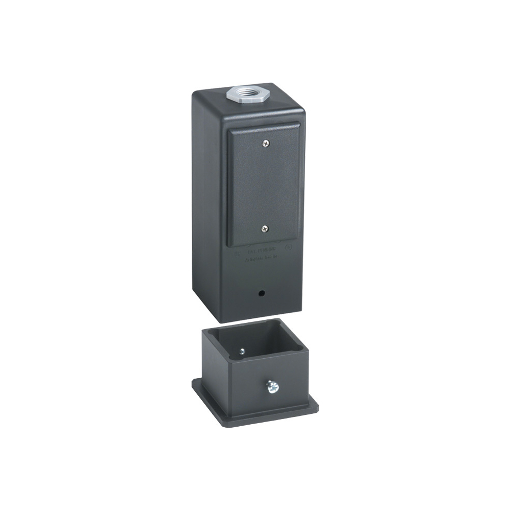 Gard-N-Post. 9" Post/ Deck Mount support for outdoor light fixtures and or a GFCI wiring device. two 1/2" knockouts. two piece design. Base mounts directly to deck or post. Post mounts to base with set screws. Metal Grounding bushing assembly included. Color Black. Color Permanent, No chipping.