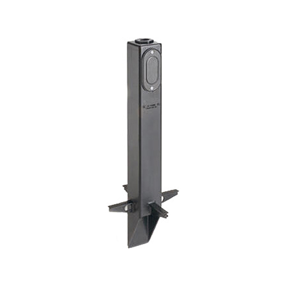 Gard-N-Post. 19.5" support for outdoor light fixtures. Built in stabilizers for extra stability. Openings in stabilizers allow for insertion of extra support material. Angle Cut post for easy access to underground wiring. one 1/2" Knockout to cover photocell installations. Color Black. Color is permanent, no chipping.