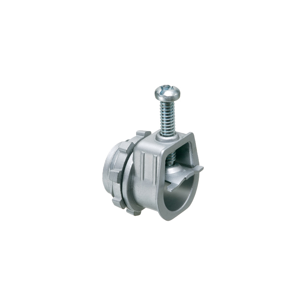 Zinc die-cast, 1/2" knockout, screw saddle type "Take All" connector for steel and aluminum jacketed cables. Listed for flexible cord and for MCI-A cable. Secures into knockout with locknut.