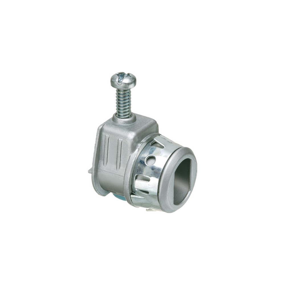 Single screw zinc die-cast saddle type connector with spring steel clip for NM, Flex, AC, ACG90, AC90 Teck90 MCI steel and aluminum jacketed cables. Cable range .405 to .650 with an end stop diameter of .400 x .580.