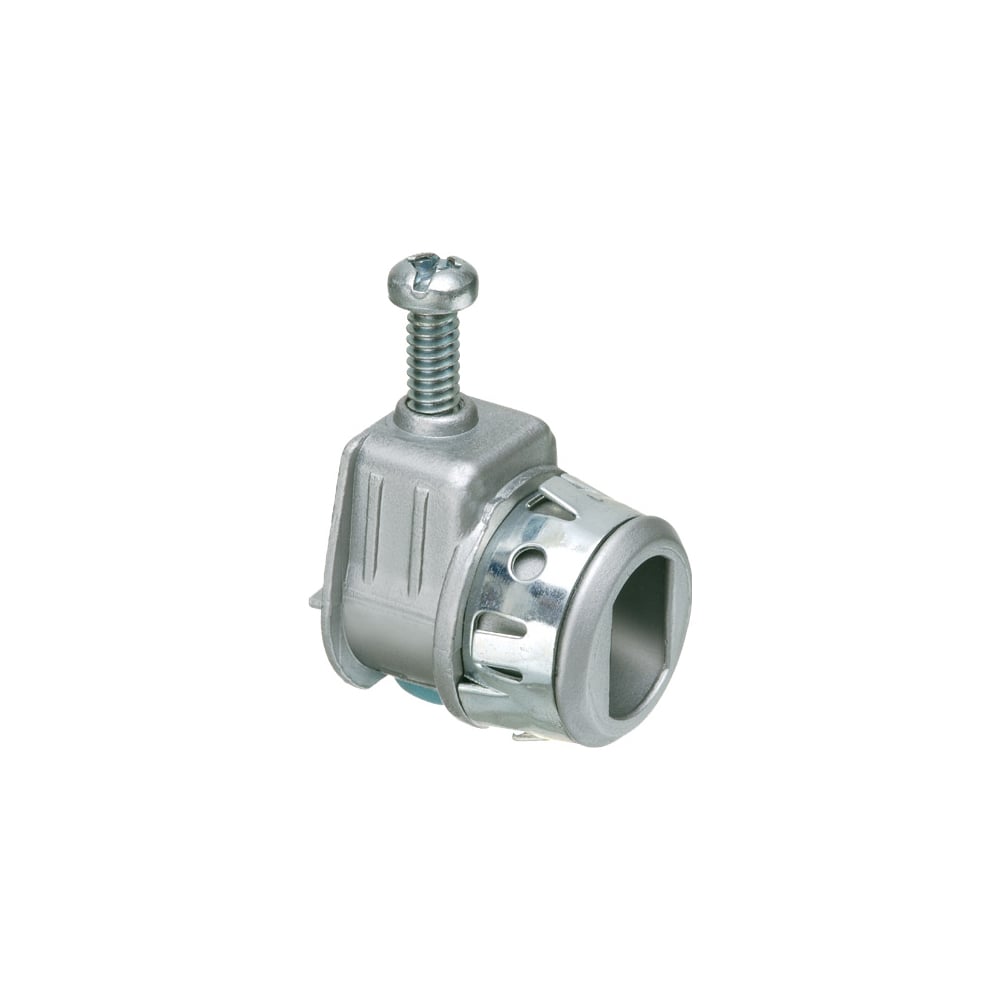Single screw zinc die-cast saddle type connector with spring steel clip for NM, Flex, AC, ACG90, AC90 Teck90 MCI steel and aluminum jacketed cables. Cable range .630 to .890 with an end stop diameter of .620.