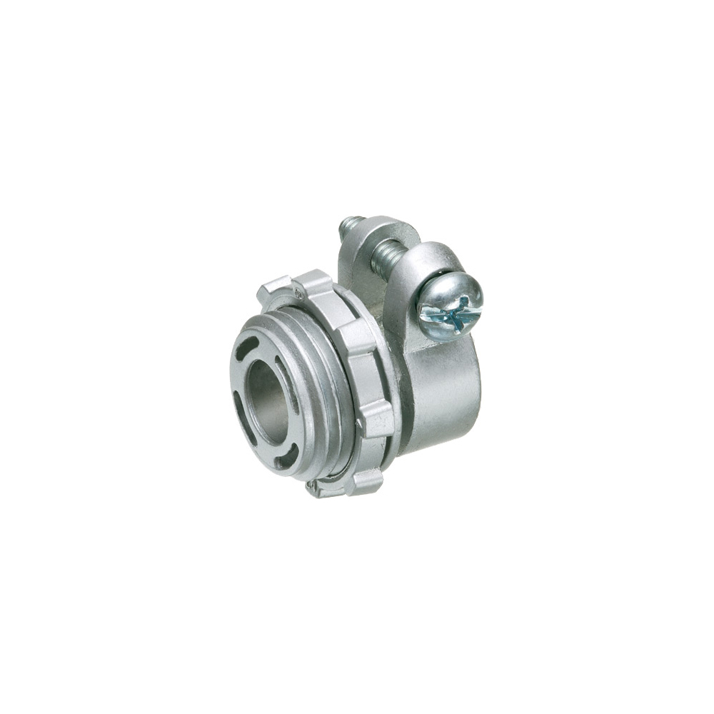 Zinc die-cast, Single screw, 1/2" knockout squeeze connector with round end stop. For Flex, AC, MCI cable. Concrete tight when taped. End stop diameter: .400.
