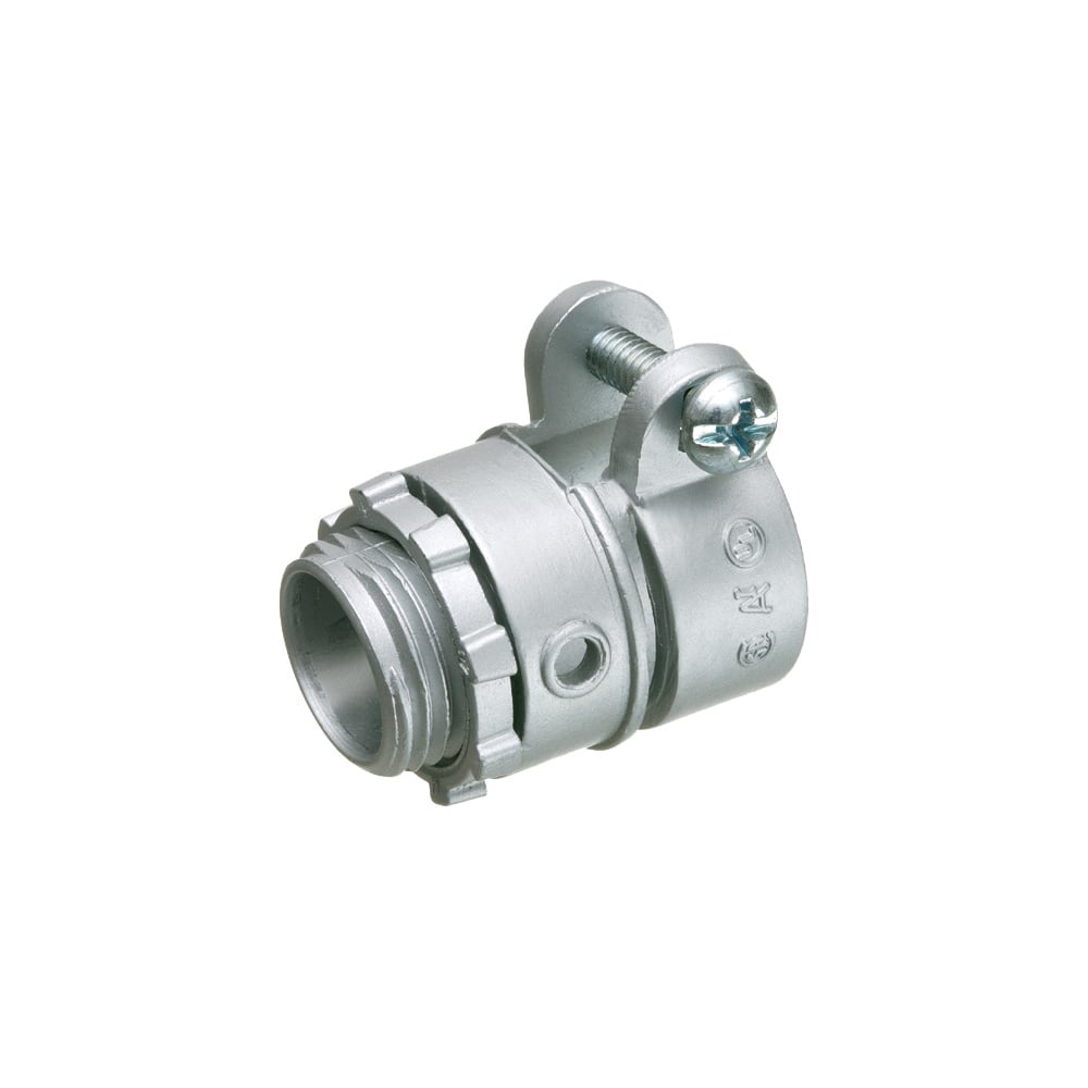 Zinc die-cast, Single screw, 1-1/4" knockout squeeze connector with round end stop. For Flex, AC, MCI cable. Concrete tight when taped. End stop diameter: 1.240
