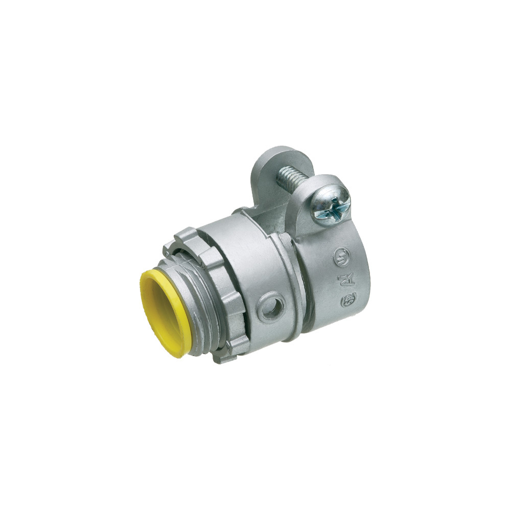 Zinc die-cast, single screw, 1-1/4" knockout squeeze connector with round end stop. For Flex, AC, MCI cable. Concrete tight when taped. End stop diameter: 1.240. With insulated throat.