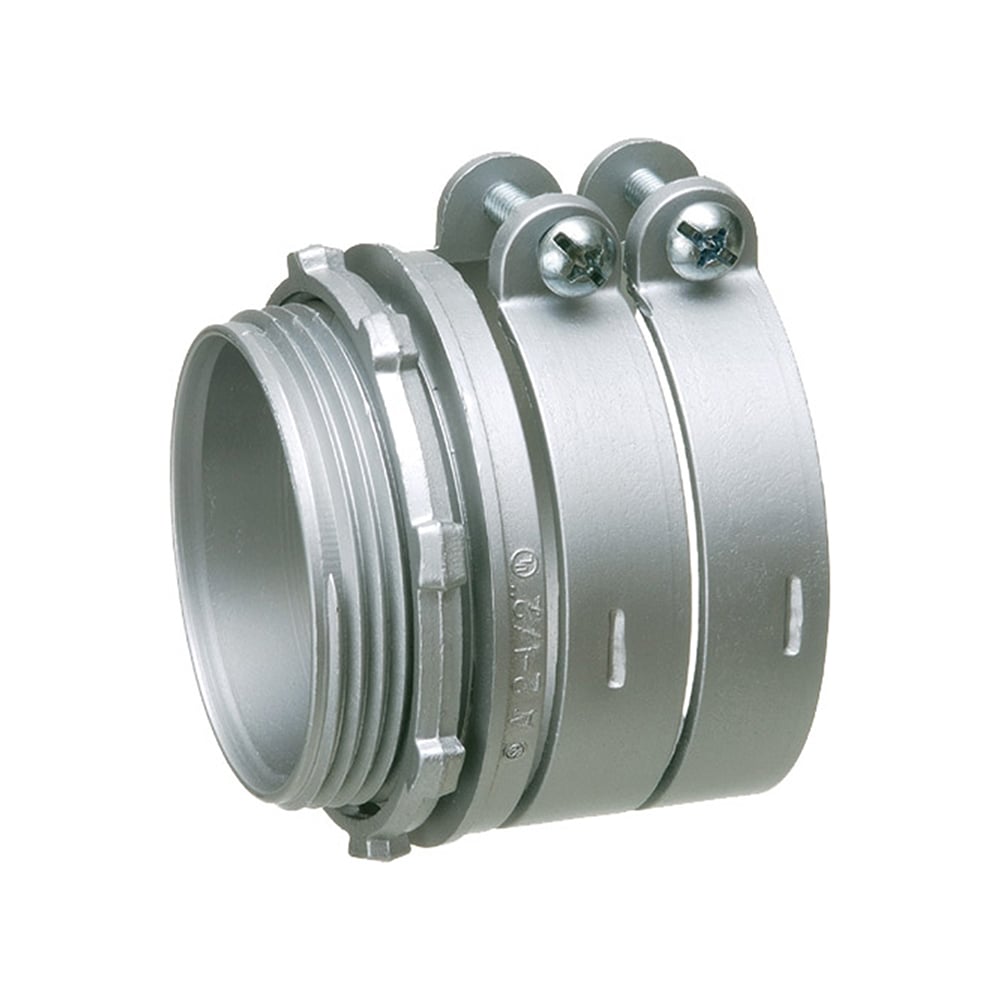 Zinc die-cast, two screw, 2-1/2" knockout squeeze connector with round end stop. For Flex, AC, MCI cable. Concrete tight when taped. End stop diameter: 2.440.
